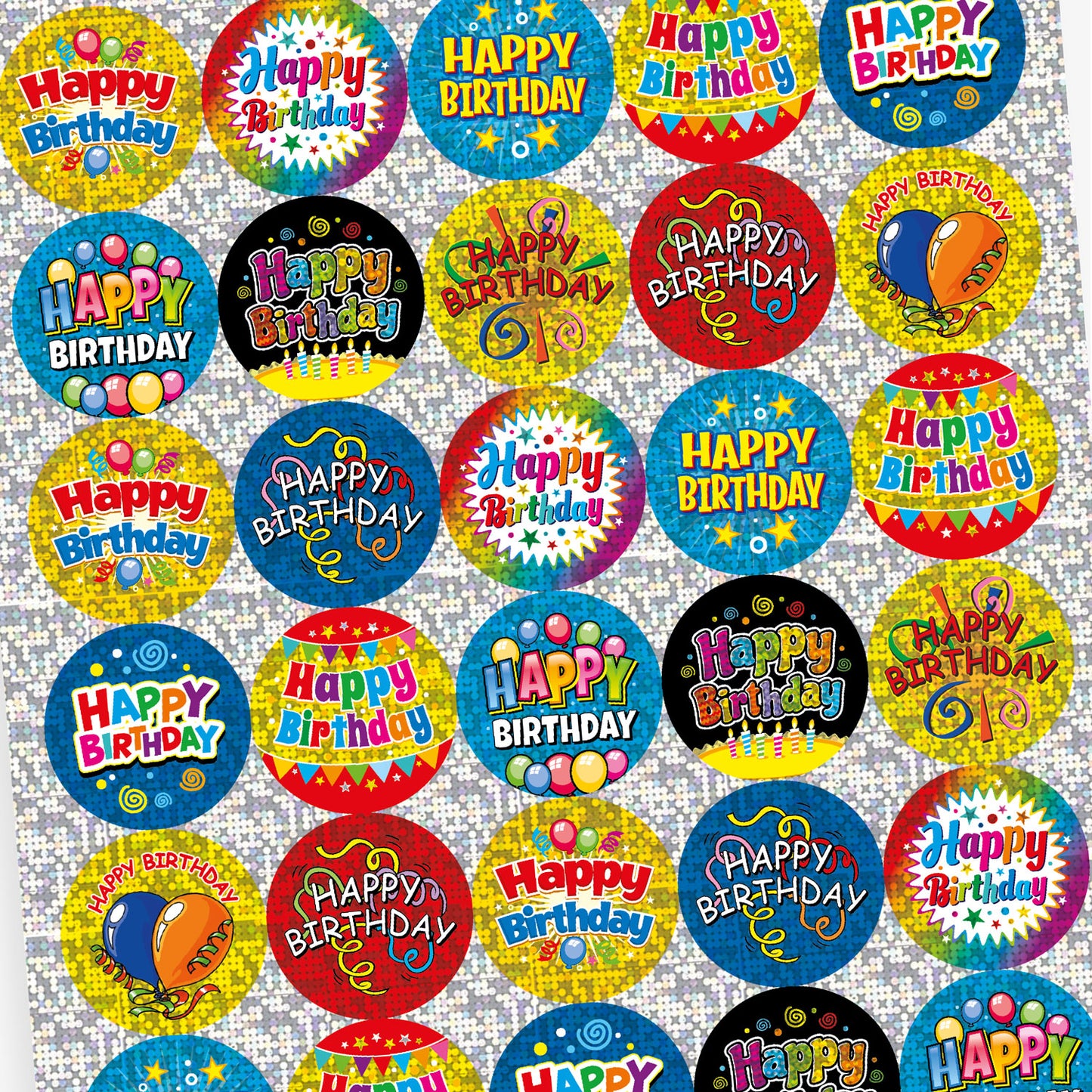 Holographic Happy Birthday Stickers - 37mm
