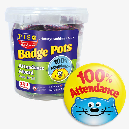 100 Animal 100% Attendance Badges - 38mm