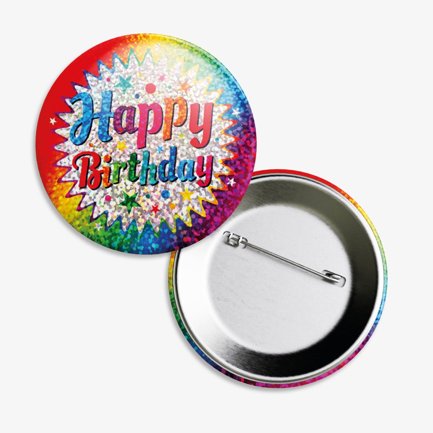 10 Holographic Happy Birthday Badges - 38mm