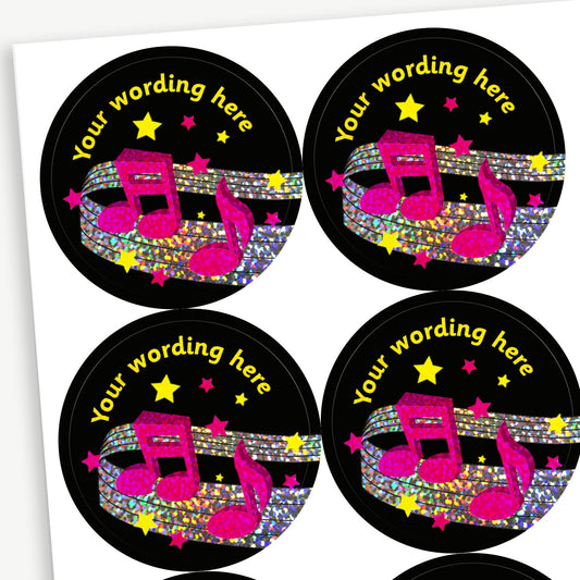 70 Personalised Holographic Music Stickers - 37mm