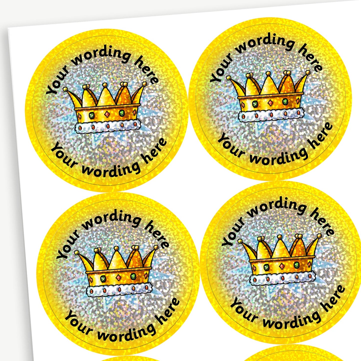 35 Personalised Holographic Gold Crown Stickers - 37mm