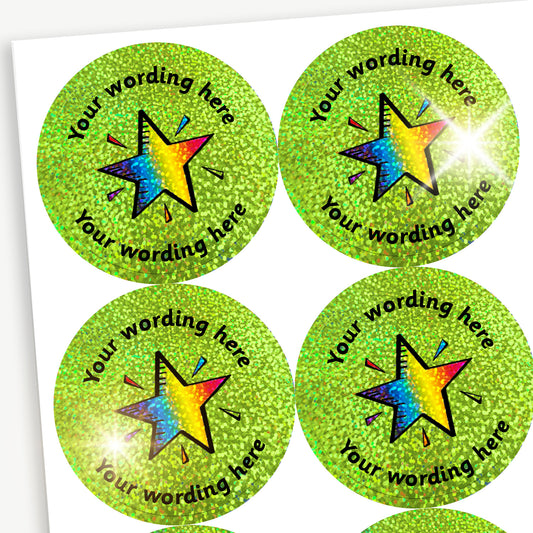 70 Personalised Holographic Rainbow Star Stickers - 37mm