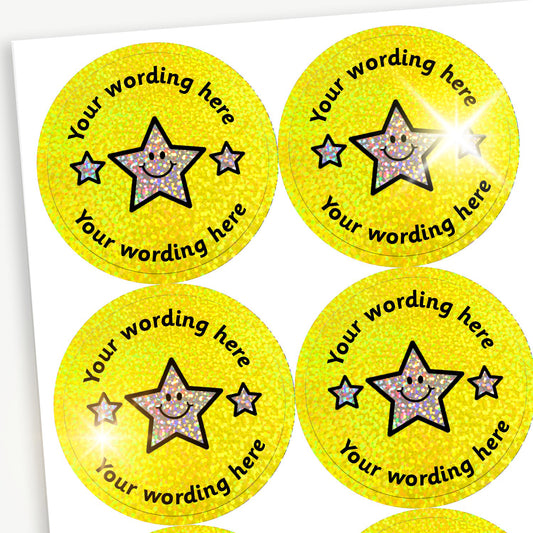 70 Personalised Holographic Triple Star Stickers - 37mm