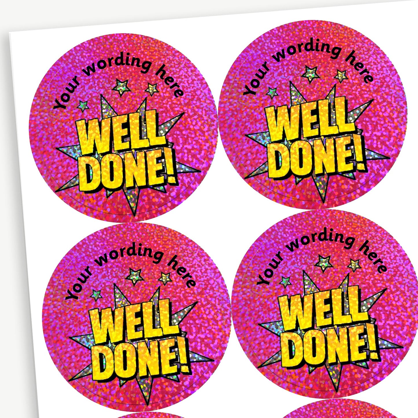 70 Personalised Holographic Well Done Pow Stickers - 37mm