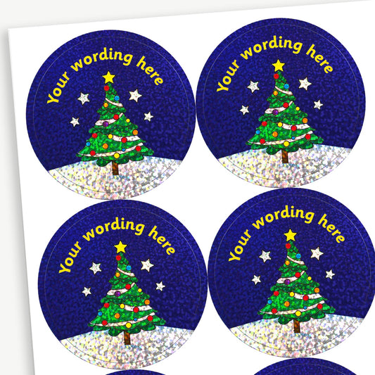 70 Personalised Holographic Christmas Tree Stickers - 37mm