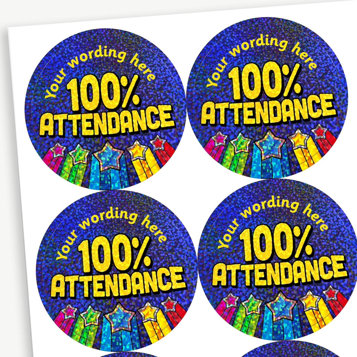 70 Personalised Holographic Attendance Award Shooting Star Stickers - 37mm