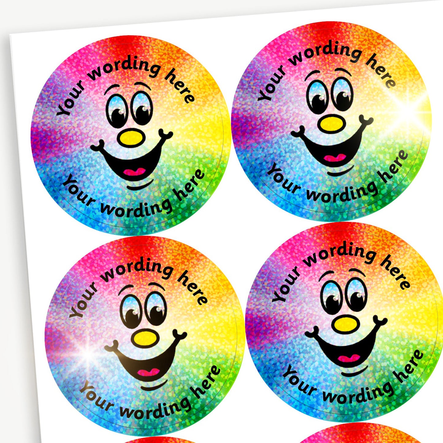 35 Personalised Holographic Rainbow Smiley Stickers - 37mm