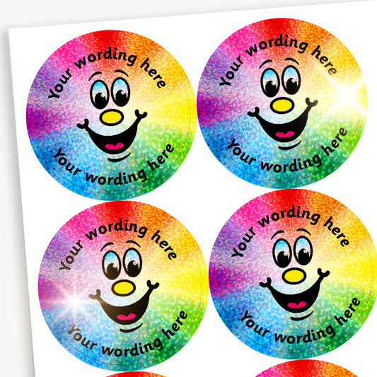 70 Personalised Holographic Rainbow Smiley Stickers - 37mm
