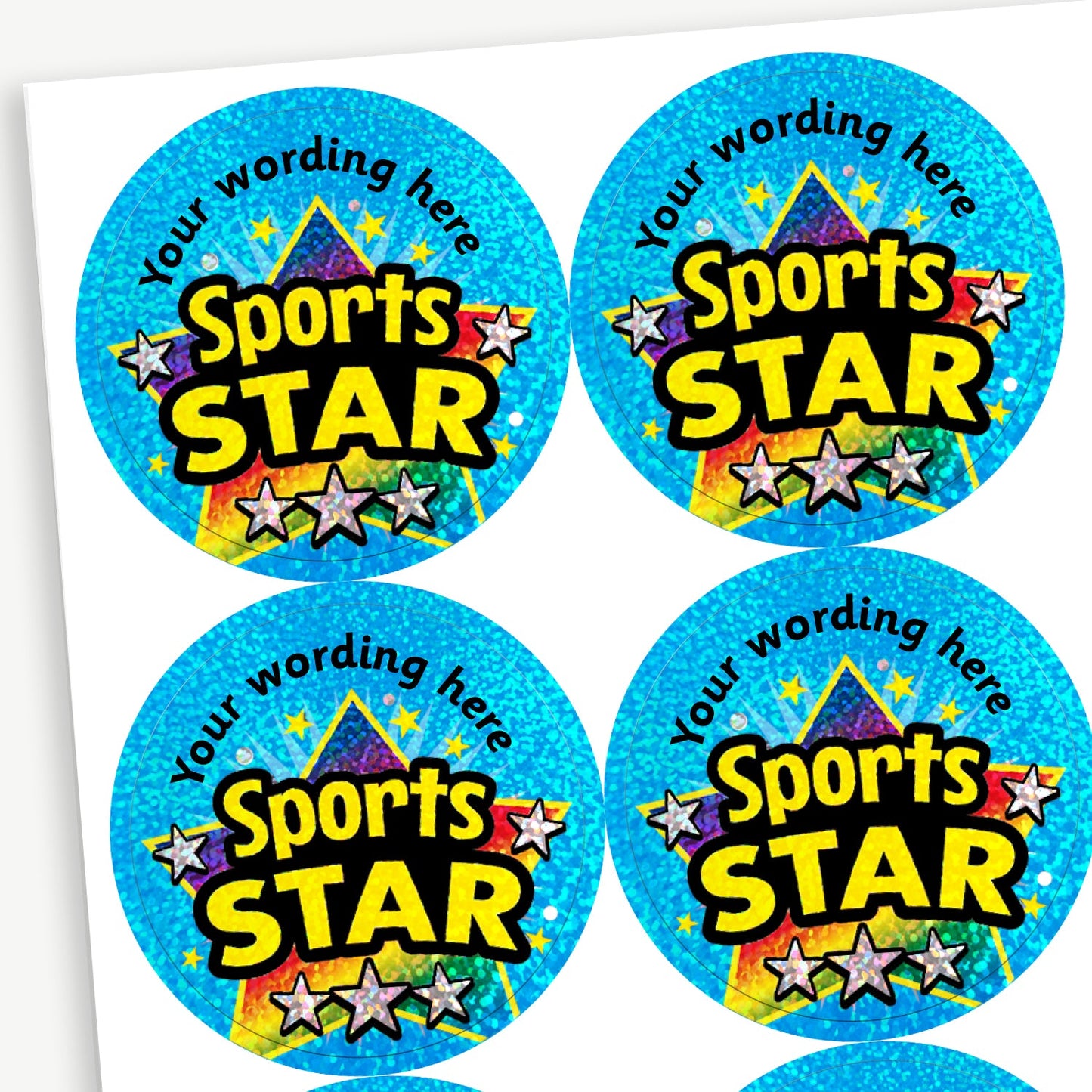 70 Personalised Holographic Sports Star Stickers - 37mm