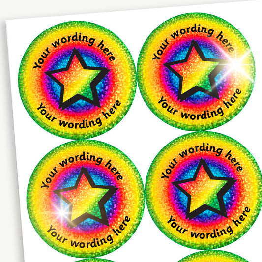 70 Personalised Holographic Rainbow Star Burst Stickers - 37mm