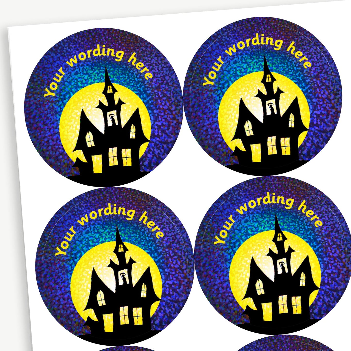 70 Personalised Holographic Haunted House Stickers - 37mm