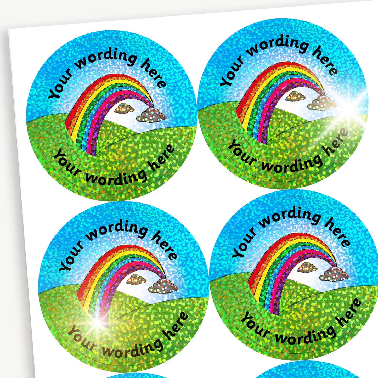 70 Personalised Holographic Rainbow Arch Stickers - 37mm