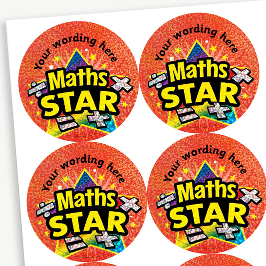 70 Personalised Holographic Maths Star Stickers - 37mm