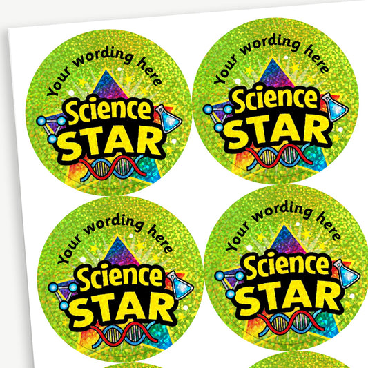70 Personalised Holographic Science Star Stickers - 37mm