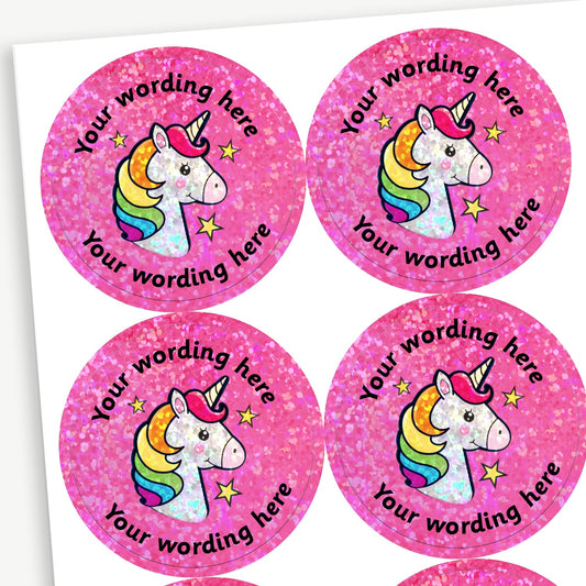 70 Personalised Holographic Unicorn Stickers - 37mm