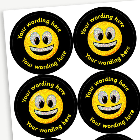 70 Personalised Holographic Happy Emoji Stickers - 37mm