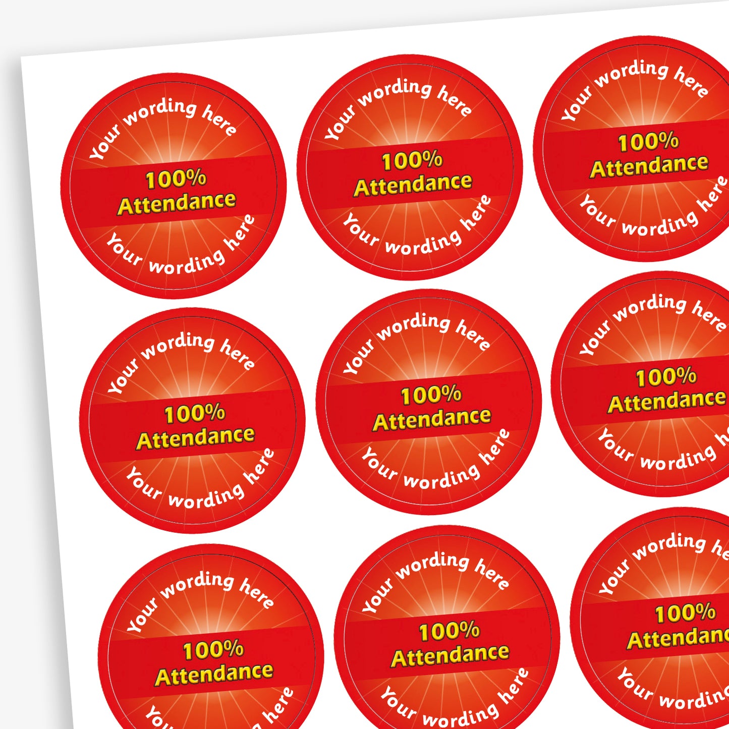 70 Personalised 100% Attendance Stickers - 25mm