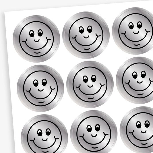 70 Metallic Silver Smile Stickers - 25mm